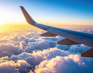 Obraz premium Airplane Wing Over Fluffy Clouds At Sunset