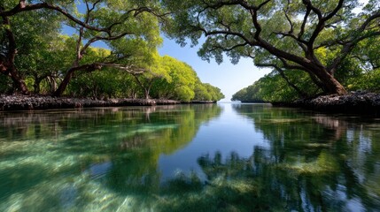 Obraz premium Mangrove Roots Intertwined Over Calm Shallow Water