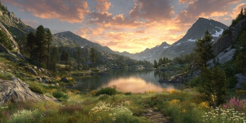 A peaceful alpine valley at sunrise, mist between pine-covered mountains, crystal lake reflecting orange sky, wildflowers in foreground photorealistic, ultra-detailed, soft golden