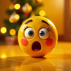 Funny yellow ball with eyes on the background of the Christmas tree