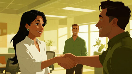 Smiling business people shaking hands in office.