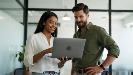 Portrait of smiling businesswoman using laptop while colleague standing in office