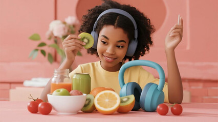 happy african american girl listening to music with headphones and holding kiwi