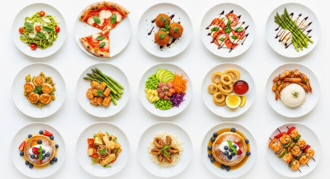 Assorted gourmet dishes including pasta pizza salad grilled vegetables seafood pancakes and rice beautifully arranged on white plates vibrant and appetizing presentation