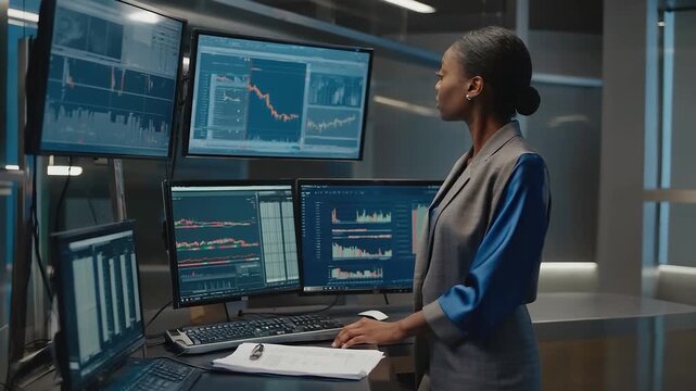 Female financial analyst is focused on analyzing data at multiple computer screens in a modern office, showcasing her expertise in market trends and analytics