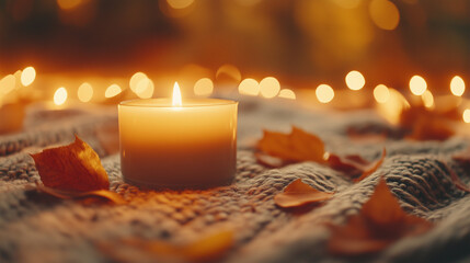Eine brennende Kerze steht auf grobem Stoff, weitere Lichter im Hintergrund, cozy Atmosph&auml;re im Winter, Querformat