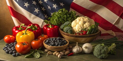 Fresh vegetables and fruits arranged with an american flag in the background