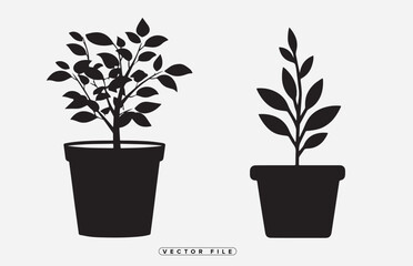 Black silhouette of potted plants in various pots and growth stages illustration