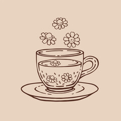 Cup of tea with healthy tea, chamomile. Hand drawn vector illustration in outline style.