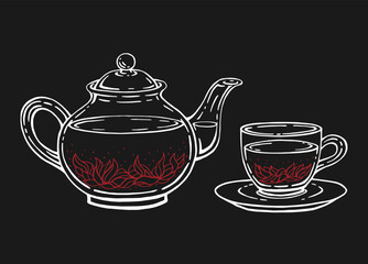 Tea set with glass teapot and cup, hibiscus. Hand drawn vector illustration in outline style.