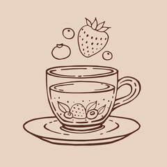 Cup of tea with healthy tea, berries. Hand drawn vector illustration in outline style.