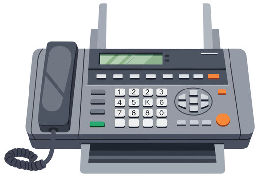 Fax machine vector illustration in flat cartoon style featuring a gray office device with keypad handset and digital screen ideal for retro business concepts communication graphics