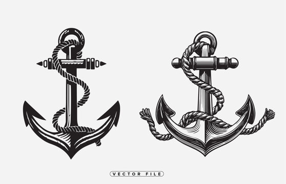 Black and white vector illustrations of nautical anchors with rope details