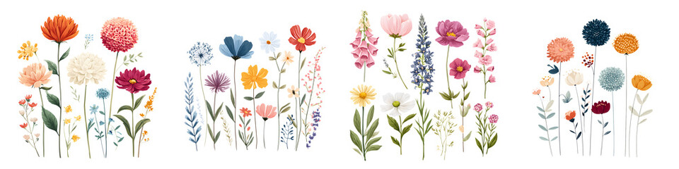 Fototapeta premium Wildflower Meadow Assortment: Colorful Botanical Arrangement on White