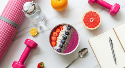 Acai bowl blueberry strawberry coconut chia seed grapefruit orange lemon water bottle pink dumbbell yoga mat notebook pen healthy breakfast fitness fresh vibrant energetic morning routine wellness