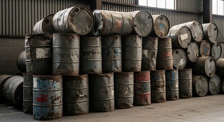 Stacked rusty industrial barrels inside a large warehouse.