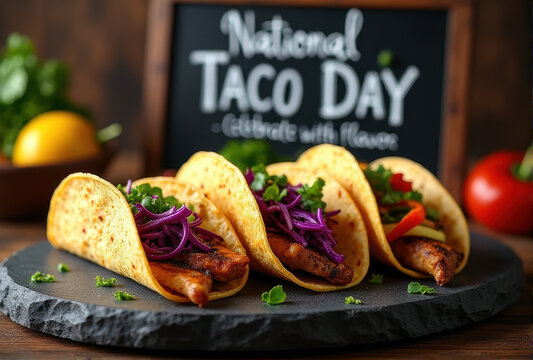 Artistic close-up of gourmet tacos with vibrant fillings on a dark stone platter, celebrating National Taco Day with bold flavors and textures.