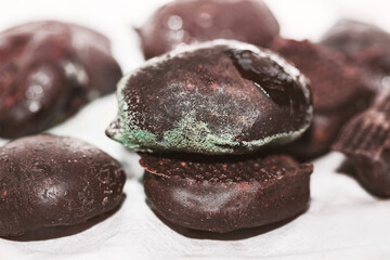 Close-up of dark chocolate covered with a powdery bloom and soft green mold, highlighting natural texture and detail. Image evokes freshness, ripeness, and the delicate process of food aging