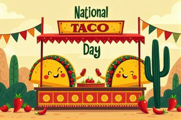 Colorful cartoon tacos joyfully selling chili peppers and lime slices at a festive marketplace under "National Taco Day" banners, celebrating vibrant culinary culture.