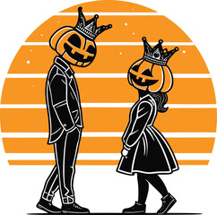 Fototapeta premium Halloween pumpkin head couple standing together under sunset vector