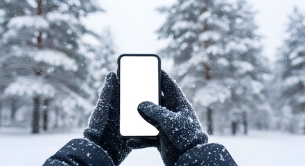 Winter wonderland smartphone mockup snowy forest background blank screen cold weather technology mobile phone winter gloves touchscreen display christmas new year advertising template