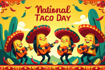 Fototapeta premium Festive anthropomorphic tacos joyfully playing guitars in vibrant sombreros with chili peppers and limes, celebrating National Taco Day concept.