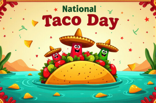 Colorful cartoon taco boat surrounded by smiling chili peppers and lime slices, floating in a vibrant salsa river, celebrating National Taco Day.