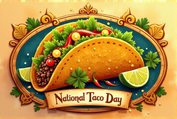 Vintage ornate frame illustration of beef taco with lettuce, tomatoes, chili peppers, and lime wedges, "National Taco Day" text, Mexican food promotions, restaurant menus, and festive Cinco de Mayo