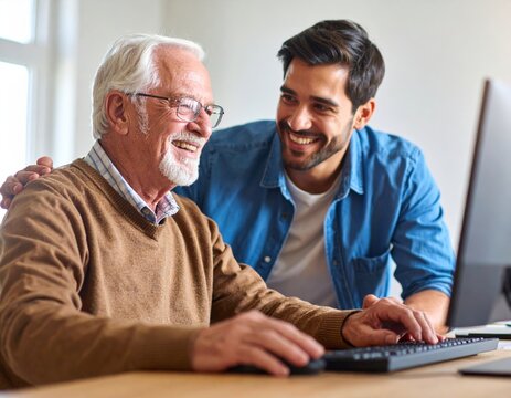 Happy Senior Man Learning Computer From Young Man