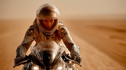 Female astronaut riding motorcycle across desert landscape with dramatic sandy terrain and sunlight