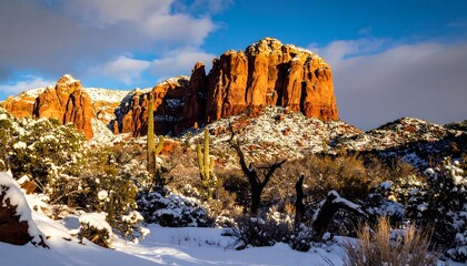 Winter wonderland landscape with snow-capped red rock formations.