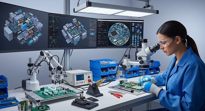 Woman scientist working with microchips and advanced technology