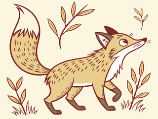 Obraz premium Animated red fox character stands alert in grassy meadow. A cheerful, cartoon-style red fox character stands alert on a grassy knoll, looking to the side.