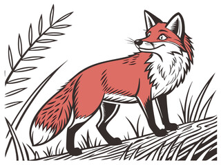Animated red fox character stands alert in grassy meadow. A cheerful, cartoon-style red fox character stands alert on a grassy knoll, looking to the side.