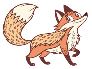 Obraz premium Animated red fox character stands alert in grassy meadow. A cheerful, cartoon-style red fox character stands alert on a grassy knoll, looking to the side.