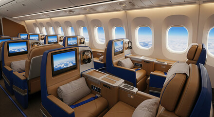 Luxury airplane cabin offers premium comfort and entertainment for a first-class travel experience.