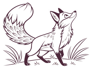 Animated red fox character stands alert in grassy meadow. A cheerful, cartoon-style red fox character stands alert on a grassy knoll, looking to the side.
