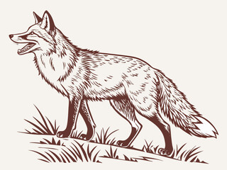 Animated red fox character stands alert in grassy meadow. A cheerful, cartoon-style red fox character stands alert on a grassy knoll, looking to the side.