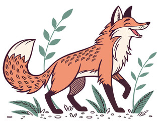 Animated red fox character stands alert in grassy meadow. A cheerful, cartoon-style red fox character stands alert on a grassy knoll, looking to the side.