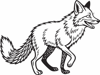 Animated red fox character stands alert in grassy meadow. A cheerful, cartoon-style red fox character stands alert on a grassy knoll, looking to the side.