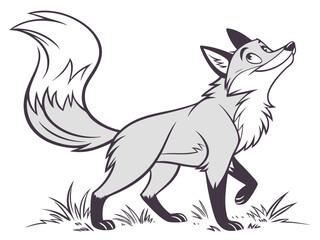 Animated red fox character stands alert in grassy meadow. A cheerful, cartoon-style red fox character stands alert on a grassy knoll, looking to the side.