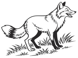 Animated red fox character stands alert in grassy meadow. A cheerful, cartoon-style red fox character stands alert on a grassy knoll, looking to the side.