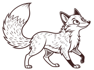 Animated red fox character stands alert in grassy meadow. A cheerful, cartoon-style red fox character stands alert on a grassy knoll, looking to the side.