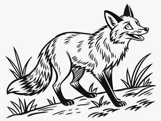 Animated red fox character stands alert in grassy meadow. A cheerful, cartoon-style red fox character stands alert on a grassy knoll, looking to the side.