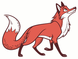 Animated red fox character stands alert in grassy meadow. A cheerful, cartoon-style red fox character stands alert on a grassy knoll, looking to the side.
