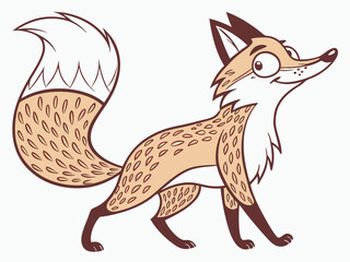 Animated red fox character stands alert in grassy meadow. A cheerful, cartoon-style red fox character stands alert on a grassy knoll, looking to the side.