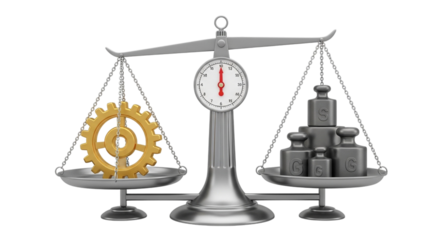 Balance scale with gold gear on one side and weights on the other isolated on transparent background