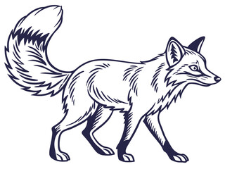 Animated red fox character stands alert in grassy meadow. A cheerful, cartoon-style red fox character stands alert on a grassy knoll, looking to the side.