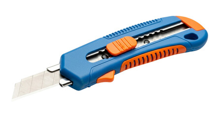 Blue and orange utility knife cutter tool isolated on transparent background