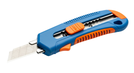 Blue and orange utility knife cutter tool isolated on transparent background